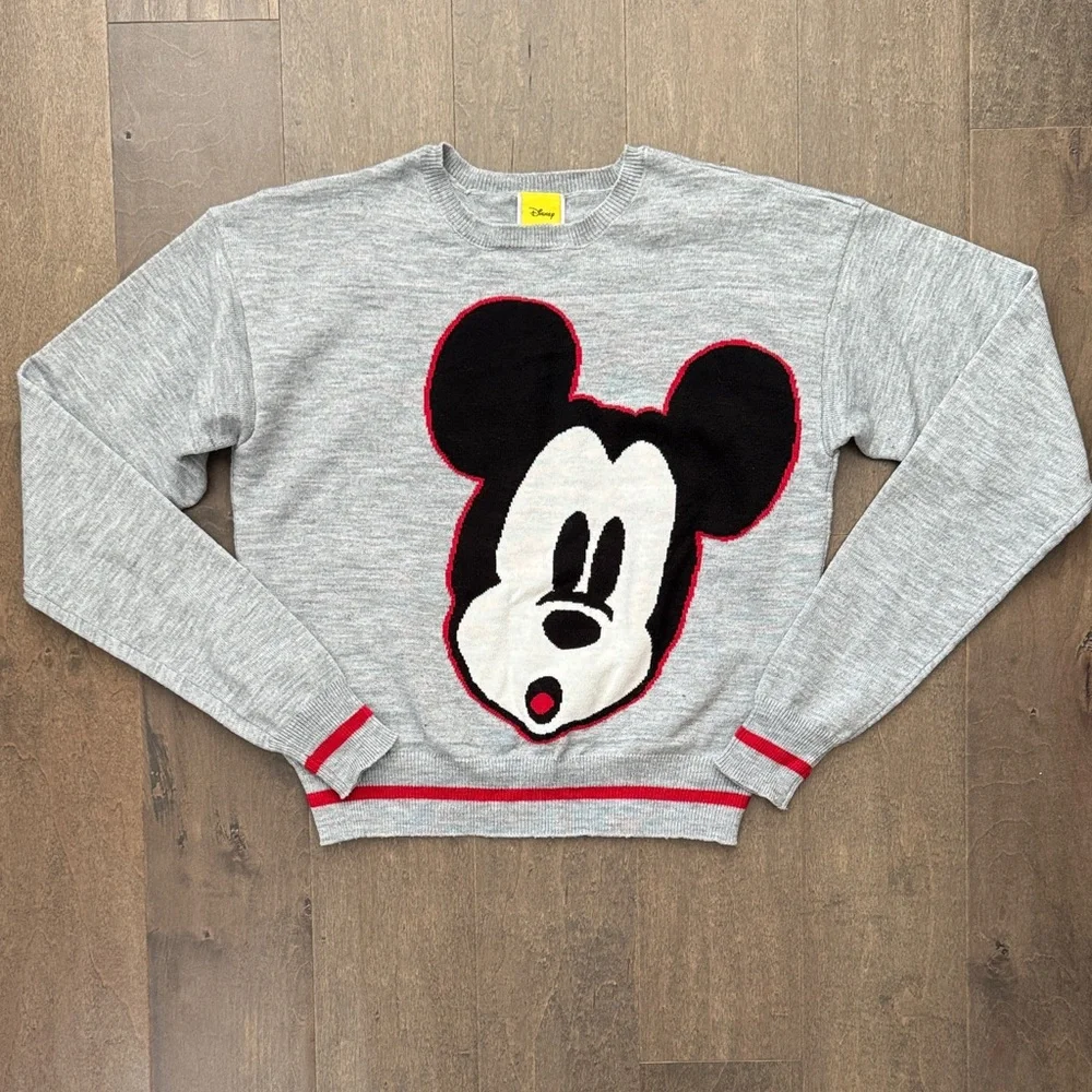Disney Mickey Mouse Gray Knit Sweater XS Crewneck Graphic Pullover Cozy